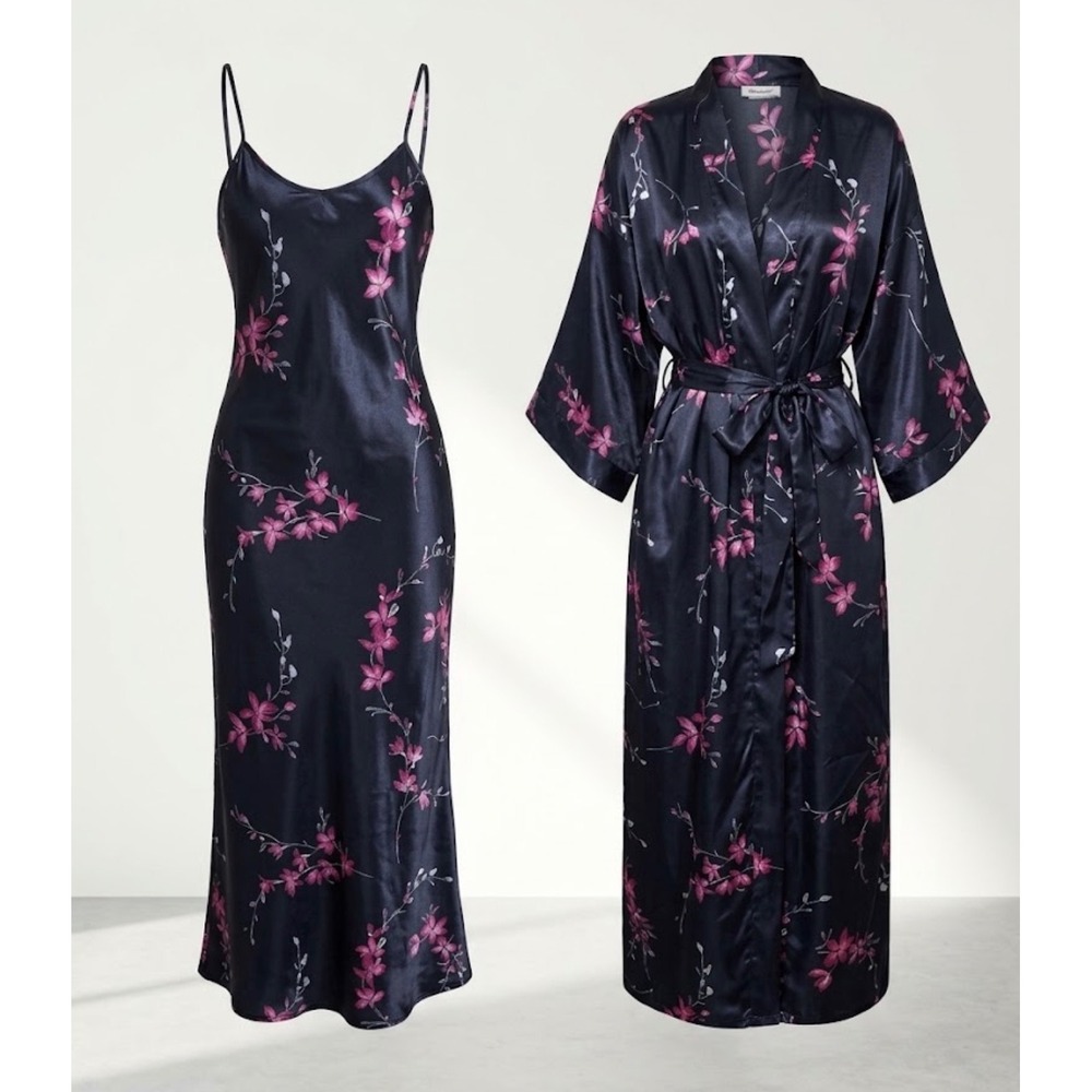 FM Lingerie VTG Satin Robe Nightgown Peignoir sz S Set Chemise Slip Dress Floral